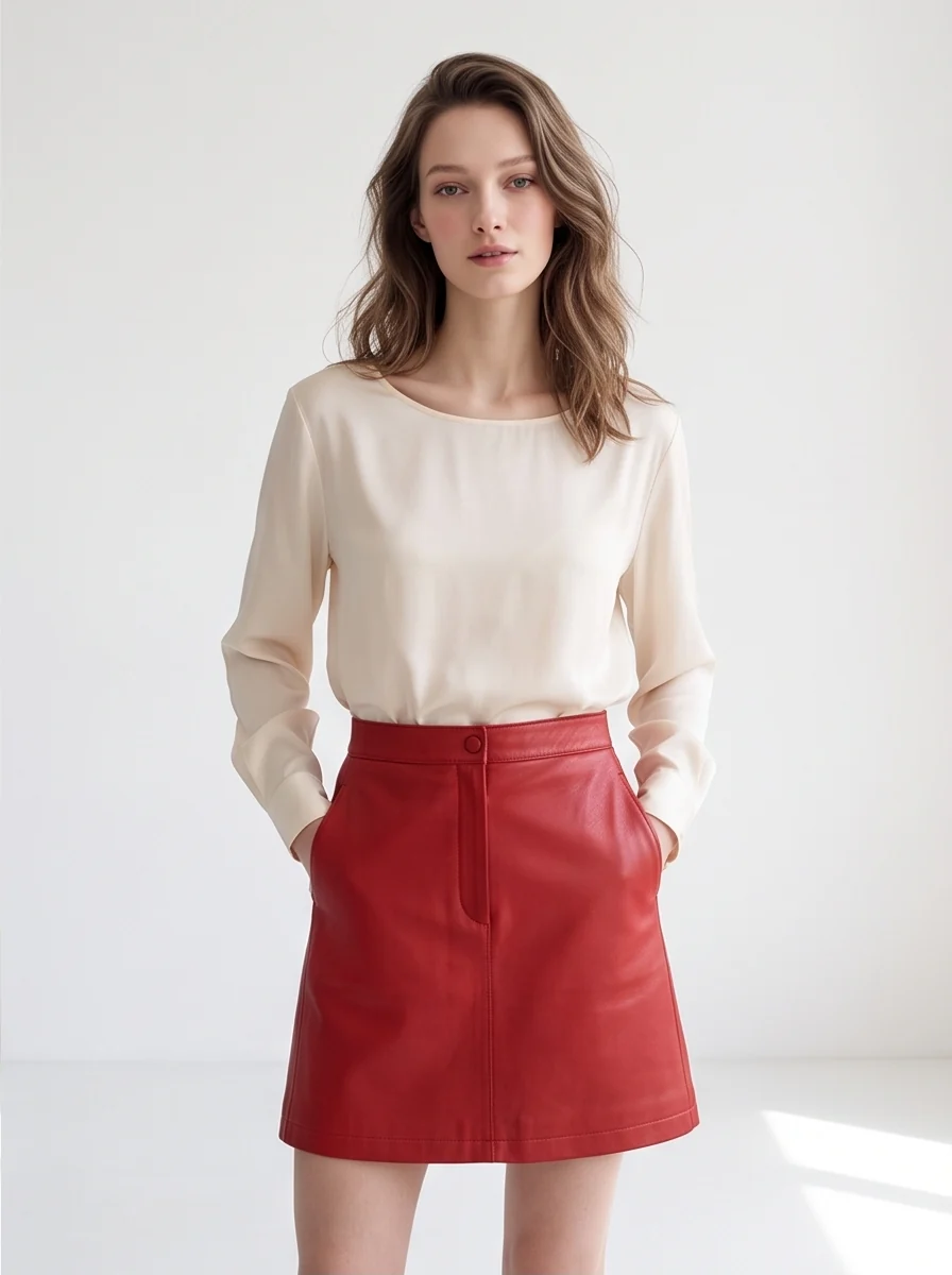 Red leather skirt on model